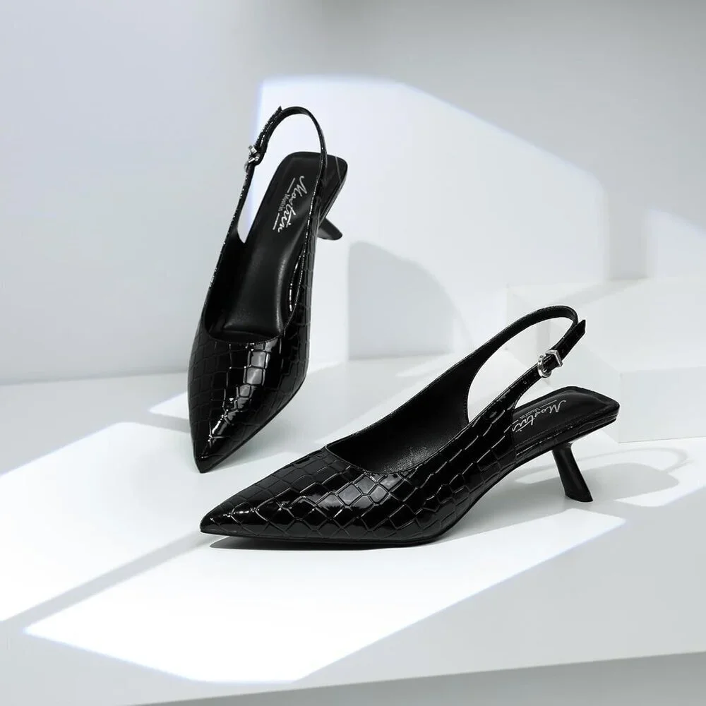 Women's Black Pointed Toe Pumps Patent Leather Low Heel Slingback with Buckle
